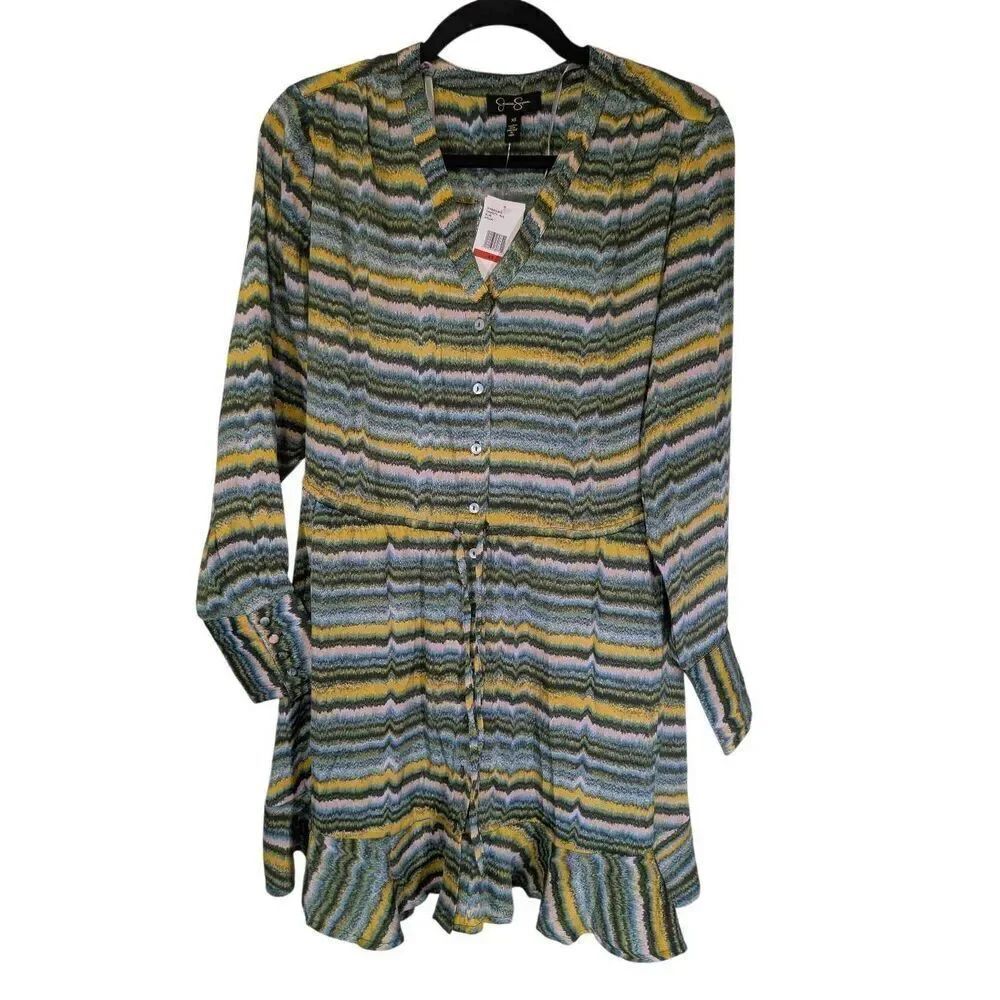 NWT Jessica Simpson Shiloh Short Blouson Button Dress Drawstring Waist Green Yel